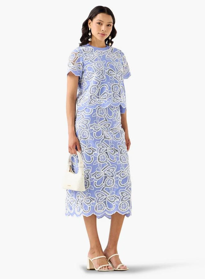 ايكونيك Iconic Midi Cotton Cutwork Embroidered Skirt with Slit